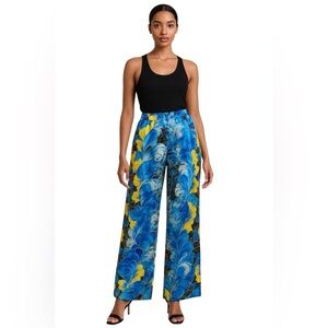 Romance Was Born Blue Yellow Print 100% Silk Wide Leg Pants Women’s Size 8
